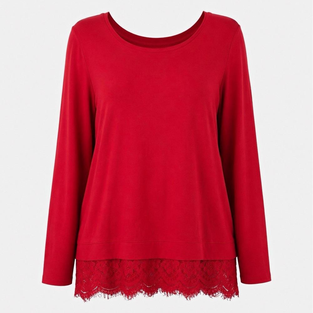 Femme Fatale Women's XL Red Lace Hem Long Sleeve Tunic Top Scoop Neck Boho